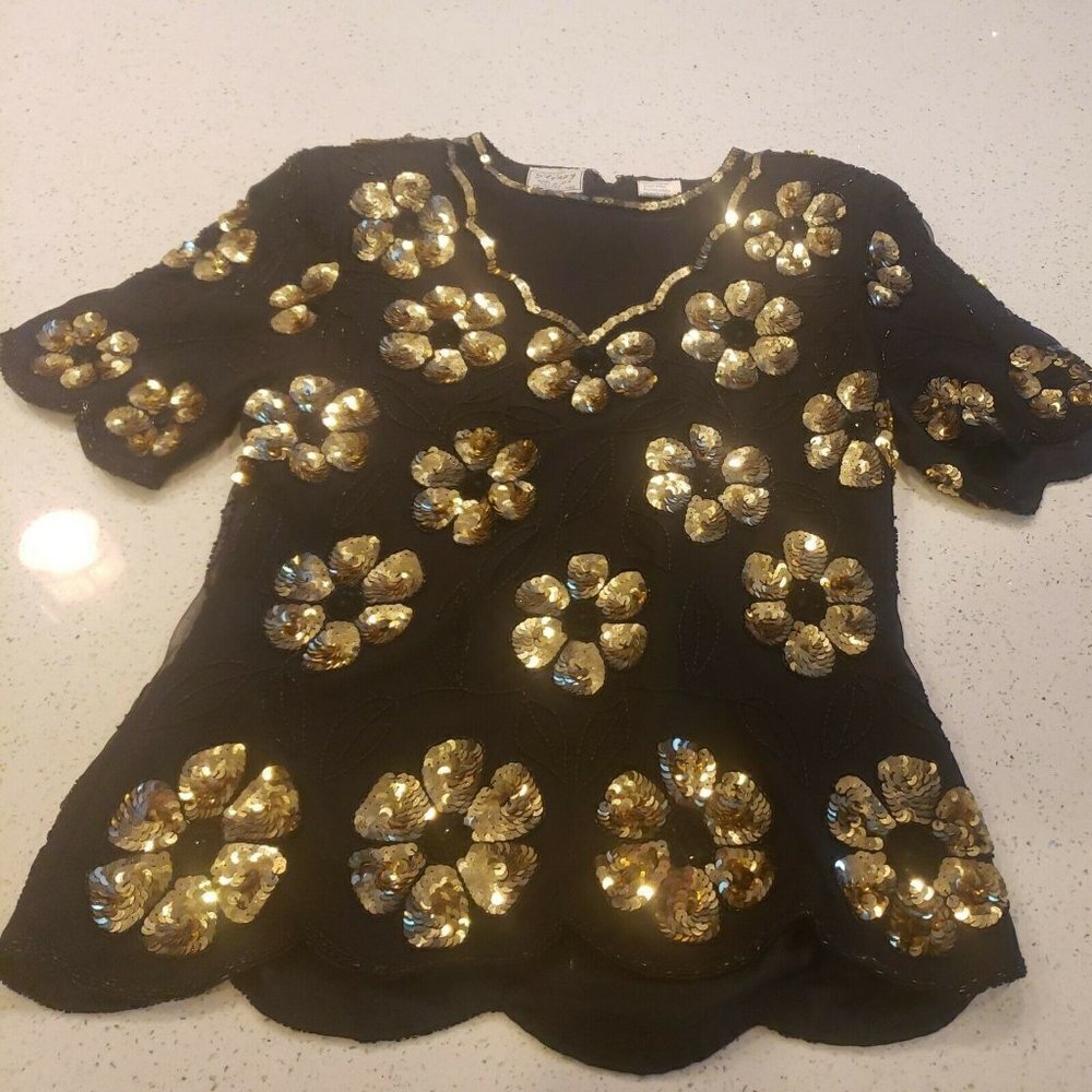 Vintage Stenay Black Gold Sequin Beaded Silk Blouse Top Size M Silk Short Sleeve